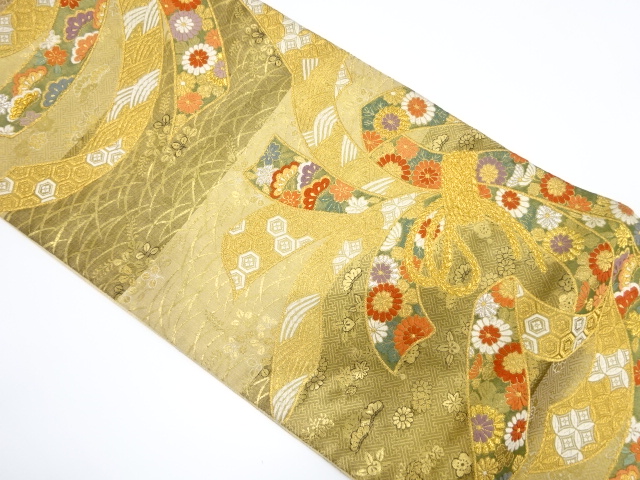 アンティーク　束ね熨斗に花古典柄模様織り出し袋帯（材料）